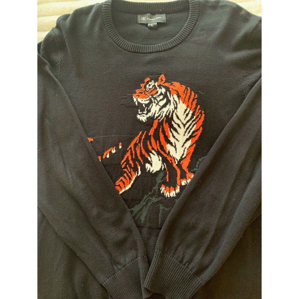 INC International Concepts Men's Black Tiger Graphic Crewneck Sweater L